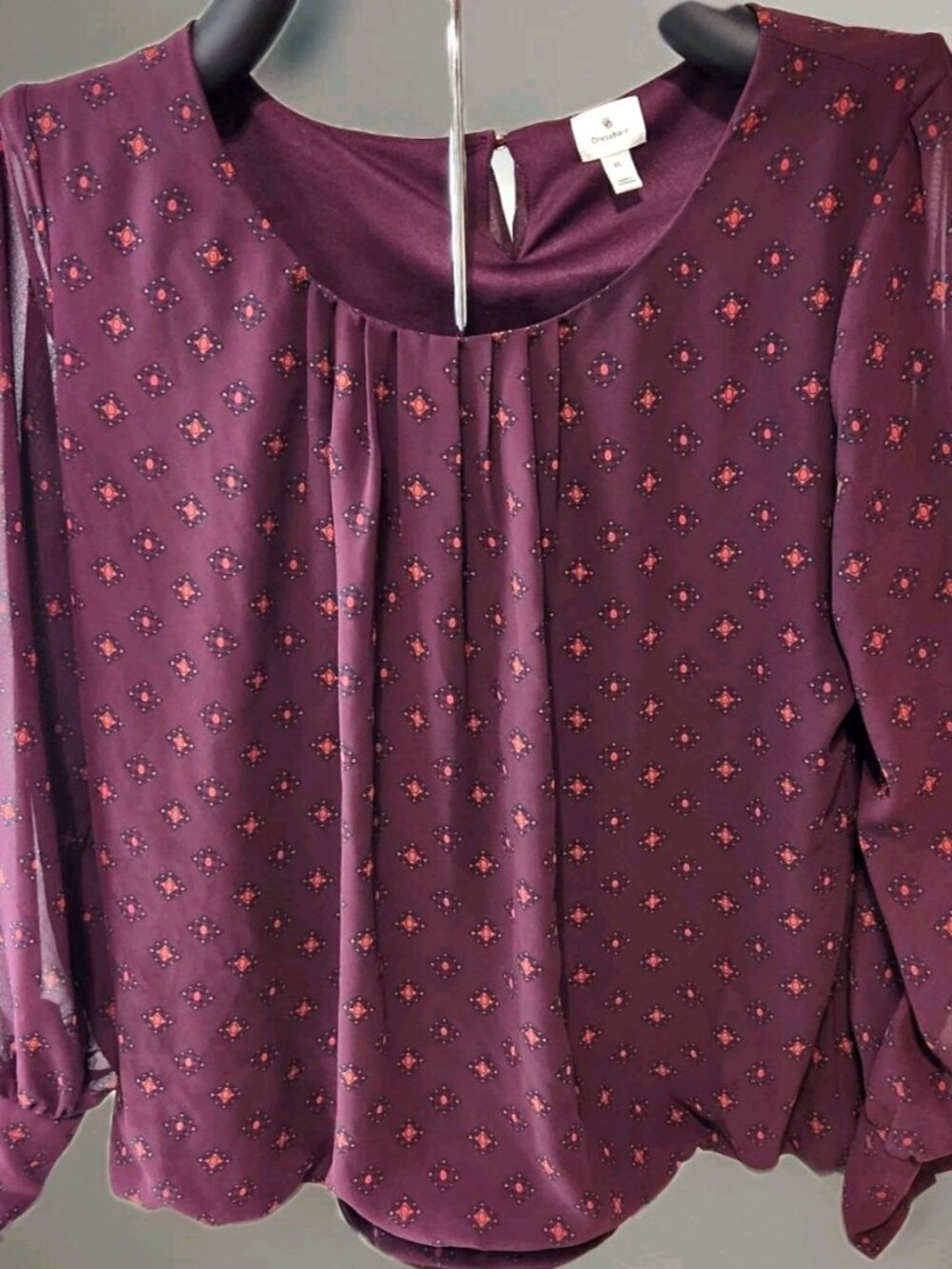 Dress Barn Top Peasant Elastic Waist Bubble Women's XL Long Sleeve Diamond Print